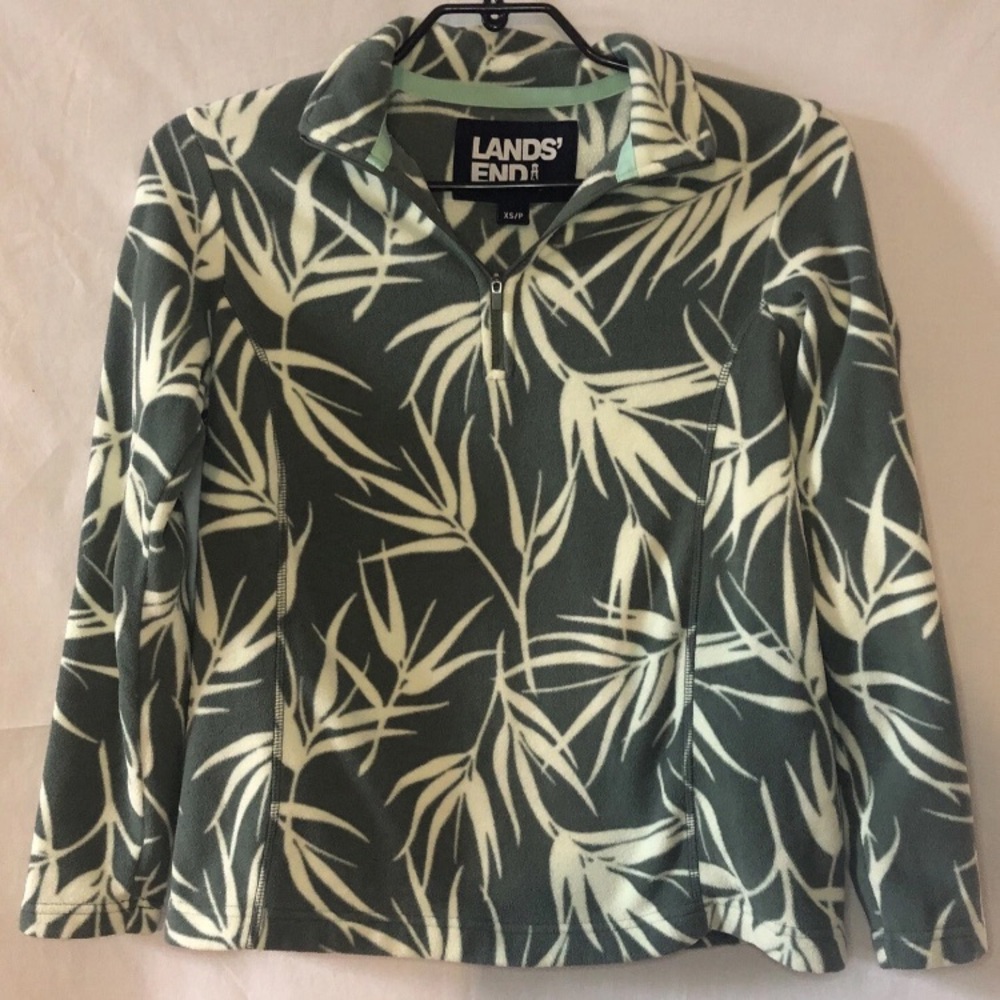 Lands End Womens XS Quarter Zip Fleece Pullover Green Leaves Leaf Print Long Slv